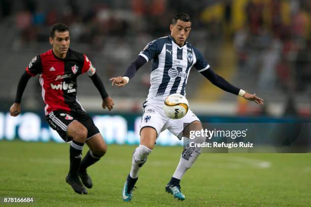 Rafael Marquez of Atlas fights for the ball with Rogelio Funes Mori of Monterrey during the quarter finals first leg match between Atlas and...