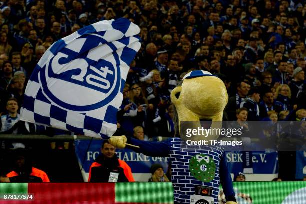 Mascot Erwin of Schalke looks on during the Bundesliga match between FC Schalke 04 and Hamburger SV at Veltins-Arena on November 19, 2017 in...