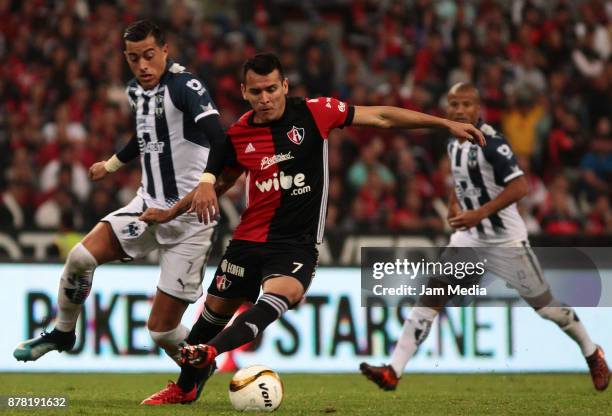 Rogelio Funes Mori of Monterrey and Daniel Arreola of Atlas fight for the ball during the quarter finals first leg match between Atlas and Monterrey...