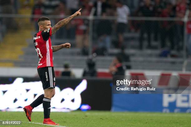 Christian Tabo of Atlas celebrates after scoring his team's first goal during the quarter finals first leg match between Atlas and Monterrey as part...
