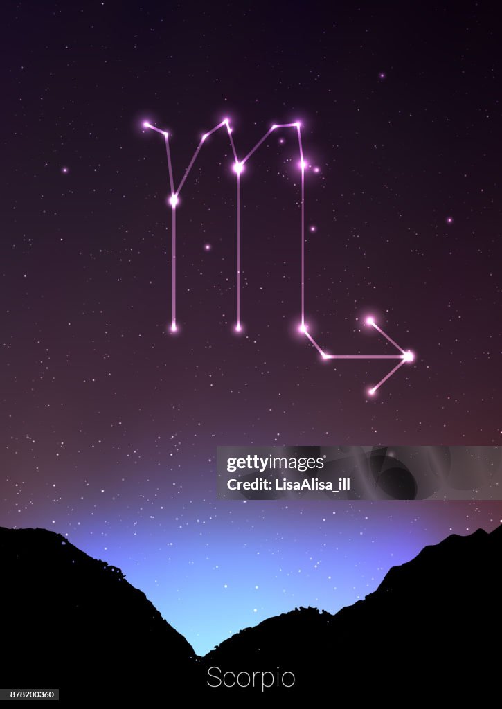Constilation Pattern Scorpio Scorpio Zodiac Constellations Sign With Forest Landscape Silhouette On ...