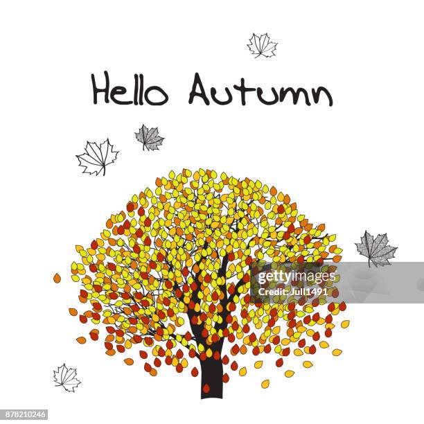 autumn tree "hello autumn" - maple tree white background stock illustrations