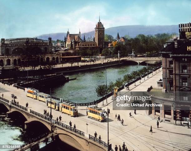 Main station, National Museum and bridge over river Limmat, Zurich, Switzerland 1930s.