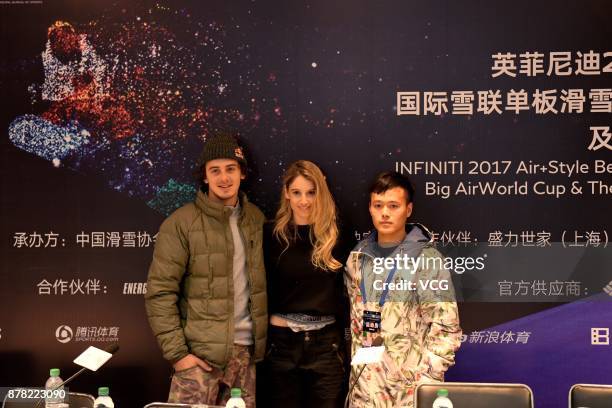Mark McMorris of Canada, Anna Gasser of Austria and Feng Changjun of China attend a press conference for the Infiniti 2017 Air+Style Beijing FIS...
