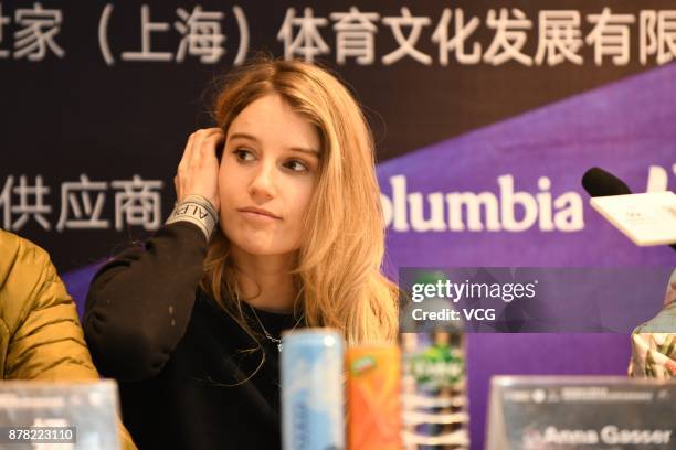 Anna Gasser of Austria attends a press conference for the Infiniti 2017 Air+Style Beijing FIS Snowboard Big Air World Cup & The Challenger Concert on...