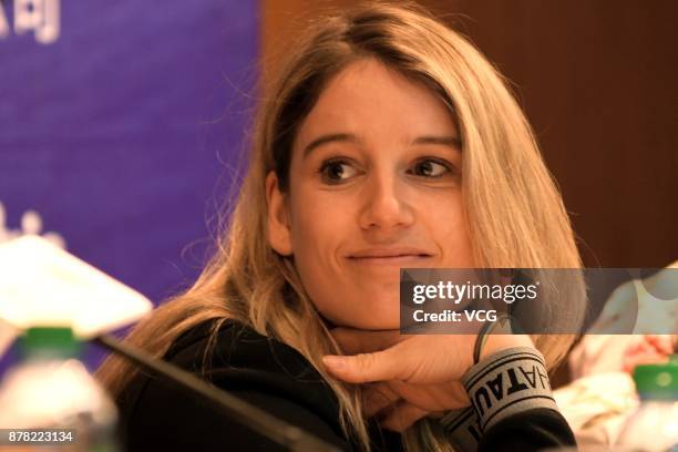 Anna Gasser of Austria attends a press conference for the Infiniti 2017 Air+Style Beijing FIS Snowboard Big Air World Cup & The Challenger Concert on...