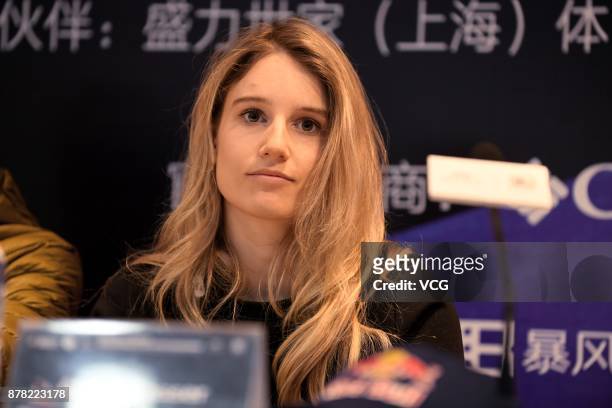 Anna Gasser of Austria attends a press conference for the Infiniti 2017 Air+Style Beijing FIS Snowboard Big Air World Cup & The Challenger Concert on...