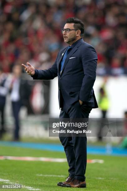 Antonio Mohamed, coach of Monterrey gives instructions to his players during the quarter finals first leg match between Atlas and Monterrey as part...