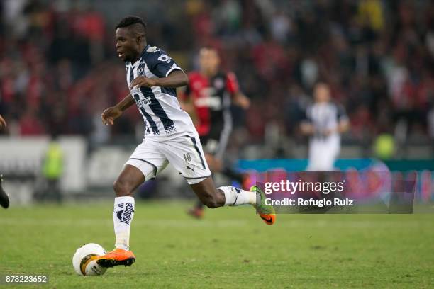 Aviles Hurtado of Monterrey drives the ball during the quarter finals first leg match between Atlas and Monterrey as part of the Torneo Apertura...