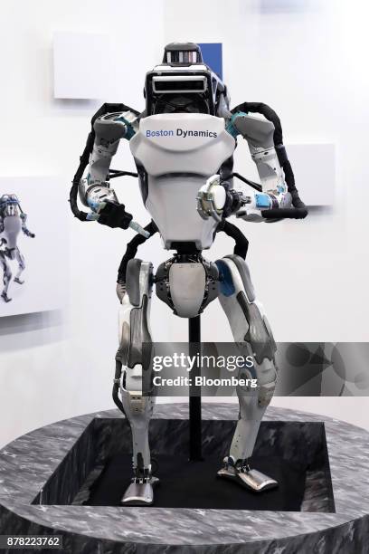 Boston Dynamics Inc. Atlas humanoid robot is displayed at the SoftBank Robot World 2017 in Tokyo, Japan, on Tuesday, Nov. 21, 2017. SoftBank Chief...