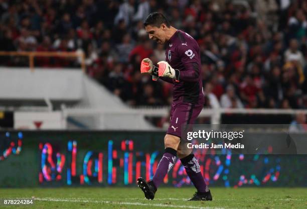 Hugo Gonzalez goalkeeper of Monterrey celebrates during the quarter finals first leg match between Atlas and Monterrey as part of the Torneo Apertura...