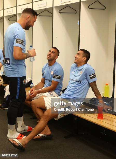 Dean Bouzanis, Manny Muscat and Tim Cahill of the City prepare for the round eight A-League match between Melbourne City and Perth Glory at AAMI Park...
