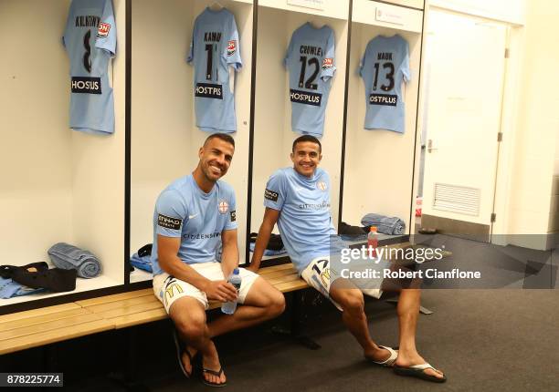 Manny Muscat and Tim Cahill of the City prepare for the round eight A-League match between Melbourne City and Perth Glory at AAMI Park on November...