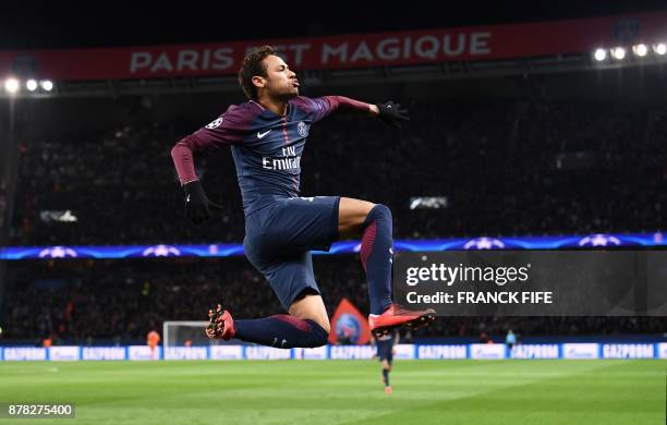 Paris Saint-Germain's Brazilian forward Neymar celebrates his goal during the UEFA Champions League Group B football match between Paris...