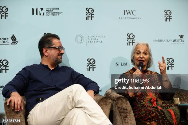 Actress Waheeda Rehman speaks as director Anup Singh looks on during In Conversation: The Song of Scorpions during The Singapore International Film...