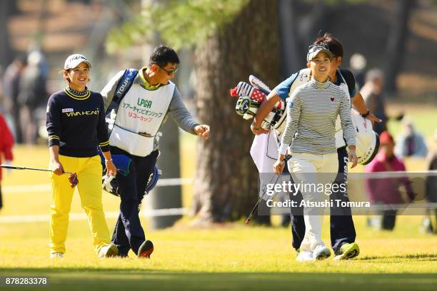 Kana Nagai and Momoko Ueda of Jpan smile during the second round of the LPGA Tour Championship Ricoh Cup 2017 at the Miyazaki Country Club on...