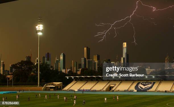 General view as lightning strikes near buildings in the city of Melbourne during the round eight W-League match between the Melbourne Victory and...