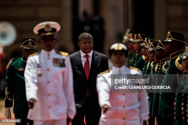 Angolan President Joao Lourenco reviews the Guard of Honor upon his arrival at Union Buildings during the Angolan President state visit on November...