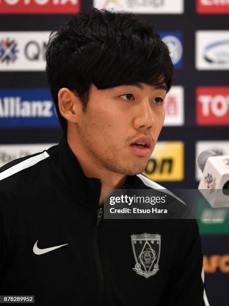 Wataru Endo of Urawa Red Diamonds attends a press conference ahead of the AFC Champions League Final second leg match between Urawa Red Diamonds and...