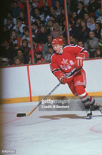 Russian ice hockey player Vladimir Konstantinov of CSKA Moscow on the ice during an exhibition game, 1990.