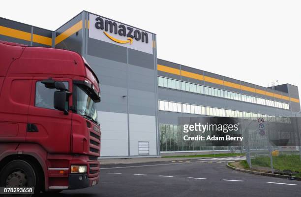 Truck leaves an Amazon distribution center in Kolbaskowo, near Szczecin, Poland on November 23, 2017. Workers at Amazon, the world's third largest...