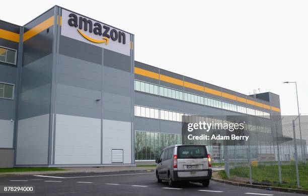 Van enters an Amazon distribution center in Kolbaskowo, near Szczecin, Poland on November 23, 2017. Workers at Amazon, the world's third largest...