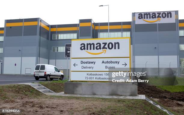 Van enters an Amazon distribution center in Kolbaskowo, near Szczecin, Poland on November 23, 2017. Workers at Amazon, the world's third largest...