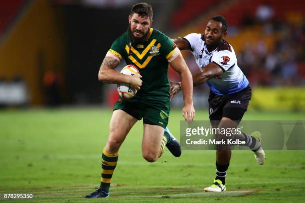 Matt Gillett of Australia makes a break during the 2017 Rugby League World Cup Semi Final match between the Australian Kangaroos and Fiji at Suncorp...