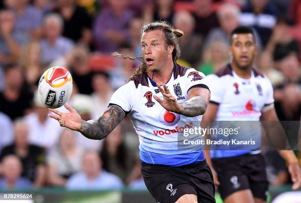 Ashton Sims of Fiji passes the ball during the 2017 Rugby League World Cup Semi Final match between the Australian Kangaroos and Fiji at Suncorp...