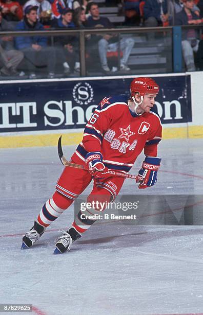 Russian ice hockey player Vladimir Konstantinov of CSKA Moscow on the ice during an exhibition game, December 1990.