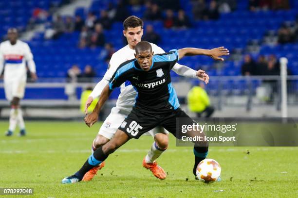 Alef of Limassol and Houssem Aouar of Lyon during europa league match between Olympique Lyonnais and Apollon Limassol at Parc Olympique on November...