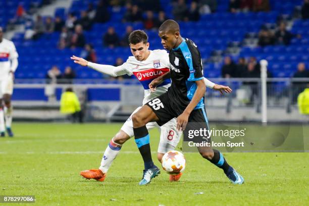 Alef of Limassol and Houssem Aouar of Lyon during europa league match between Olympique Lyonnais and Apollon Limassol at Parc Olympique on November...