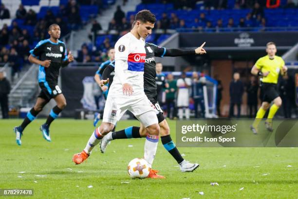 Houssem Aouar of Lyon and Antonio Jakolis of Limassol during europa league match between Olympique Lyonnais and Apollon Limassol at Parc Olympique on...