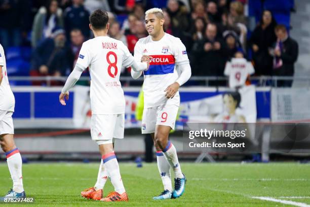 Mariano Diaz of Lyon and Houssem Aouar of Lyon celebrate during europa league match between Olympique Lyonnais and Apollon Limassol at Parc Olympique...