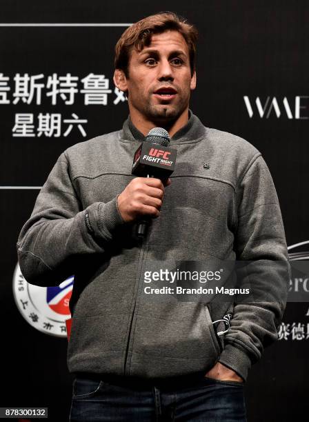 Urijah Faber speaks to the fans and media during a Q&A before the UFC Fight Night weigh-in on November 24, 2017 in Shanghai, China.