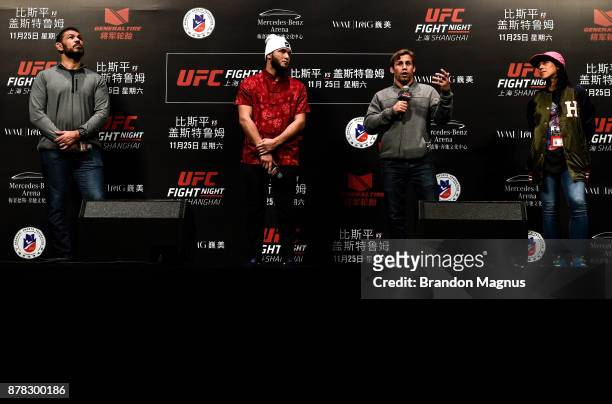 Antonio Rodrigo Nogueira, Jorge Masvidal, Urijah Faber and Joanna Jedrzejczyk of Poland speak to the fans and media during a Q&A before the UFC Fight...
