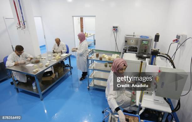 Employees work at the Palestinian House of Soap SIBA' founded by Palestinian entrepreneur Ihlas Savalih in Jericho, West Bank on November 24, 2017....