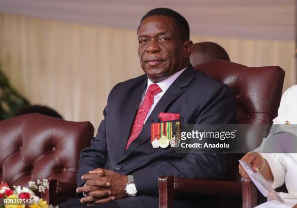 Emmerson Mnangagwa gestures at the National Sports Stadium during his oath-taking ceremony following Robert Mugabes resignation in Harare, Zimbabwe...