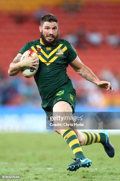 Matt Gillett of Australia runs the ball during the 2017 Rugby League World Cup Semi Final match between the Australian Kangaroos and Fiji at Suncorp...