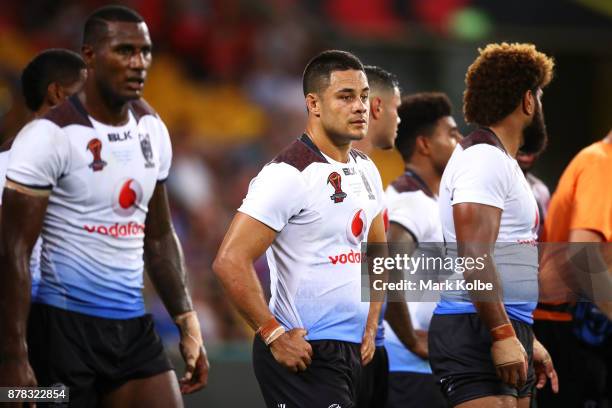 Jarryd Hayne of Fiji looks dejected after an Australia try during the 2017 Rugby League World Cup Semi Final match between the Australian Kangaroos...