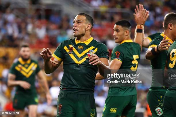 Will Chambers of Australia has words with Jarryd Hayne of Fiji after an Australian try during the 2017 Rugby League World Cup Semi Final match...