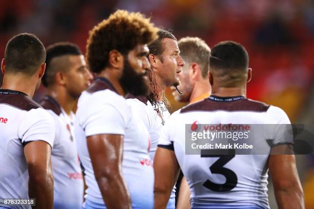 Ashton Sims of Fiji looks dejected after an Australia try during the 2017 Rugby League World Cup Semi Final match between the Australian Kangaroos...