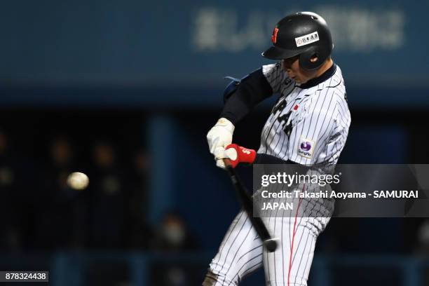 Daiki Ryoi of Japan hits a single in the fifth inning against Matsuyama City IX during the U-15 Asia Challenge Match between Japan and Matsuyama City...