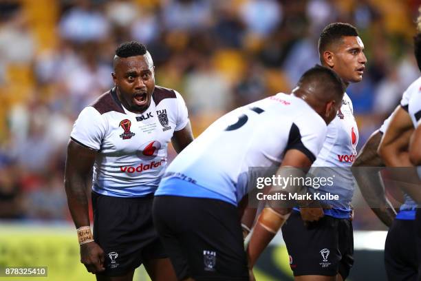 Akuila Uate of Fiji shows his frustration after an Australian try during the 2017 Rugby League World Cup Semi Final match between the Australian...