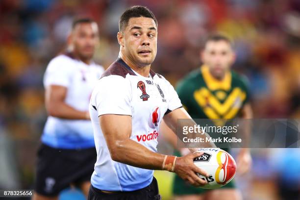 Jarryd Hayne of Fiji runs the ball during the 2017 Rugby League World Cup Semi Final match between the Australian Kangaroos and Fiji at Suncorp...