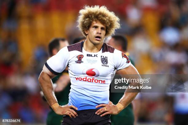 Eloni Vunakece of Fiji looks dejected after an Australian try during the 2017 Rugby League World Cup Semi Final match between the Australian...