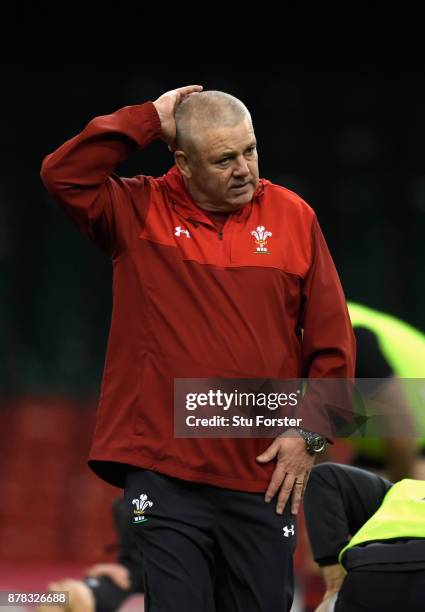 Wales coach Warren Gatland reacts during training ahead of their International tomorrow against The New Zealand All Blacks at Principality Stadium on...