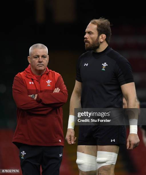 Wales coach Warren Gatland and captain Alun Wyn Jones look on during training ahead of their International tomorrow against The New Zealand All...