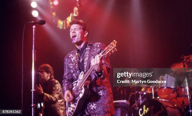 American musician Chris Isaak performs on stage at the Town and Country Club, Kentish Town, London, 1991.