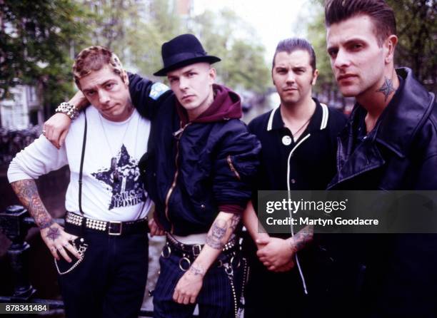 Group portrait of Rancid in Amsterdam, Netherlands, 1995. L-R Lars Frederiksen, Tim Armstrong, Matt Freeman, Brett Reed.